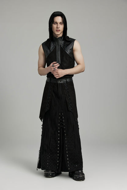Black Lace-Up Ripped Eyelet Men's Punk Skirt