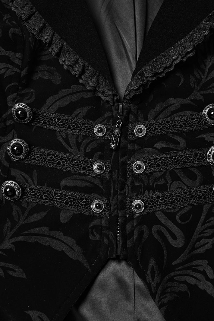 Black Lapel Collar Long Sleeves Lace-Up Zipper Women's Punk Coat