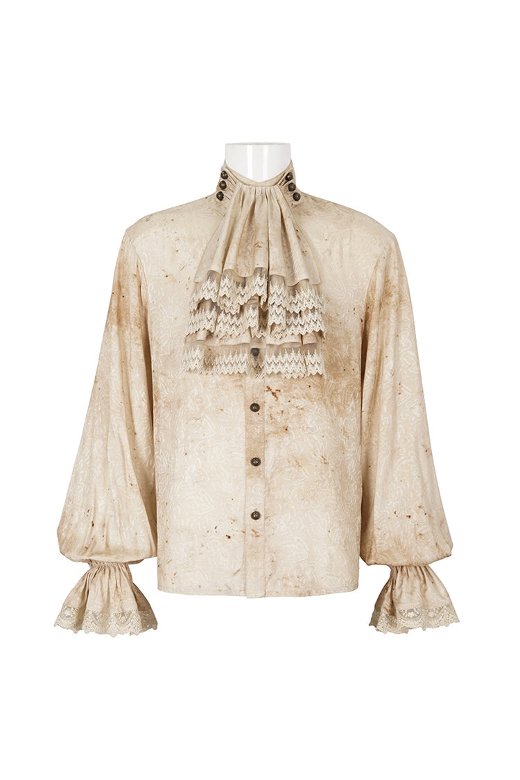 Apricot Stand Collar Puff Sleeved Men's Gothic Shirt With Necktie