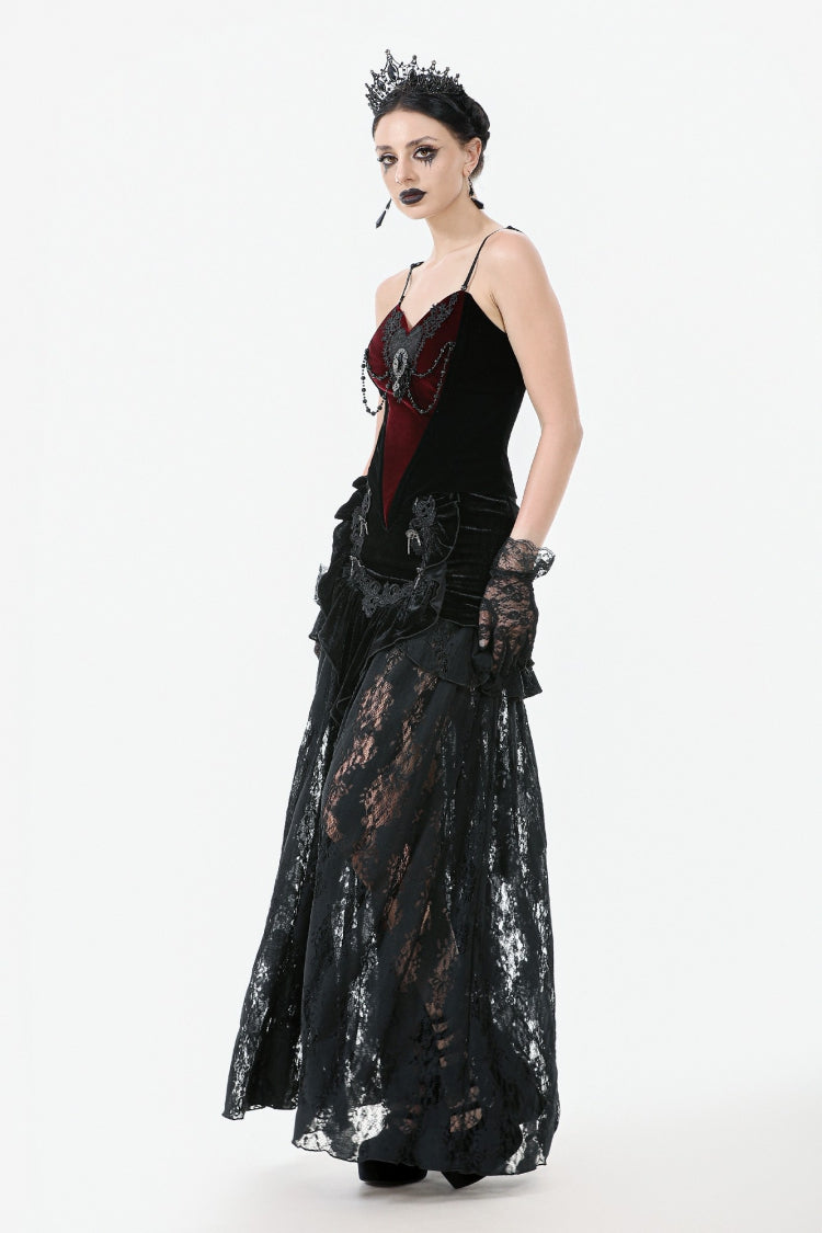 Black Multi-Layered Ruffled Velvet Spliced Lace Lace-Up Women's Gothic Long Skirt
