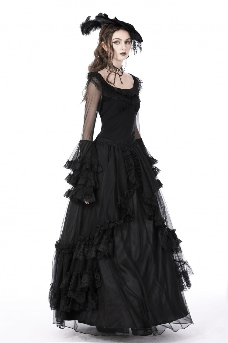 Black Multi-Layered Ruffled Lace Long Trumpet Sleeves Women's Gothic Princess Sexy Top
