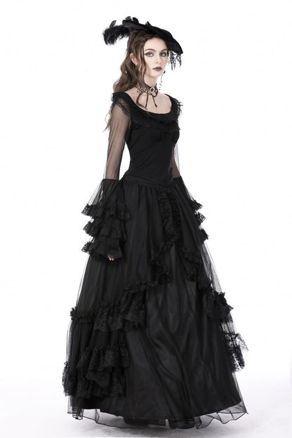 Black Multi-Layered Ruffled Lace Long Trumpet Sleeves Women's Gothic Princess Sexy Top