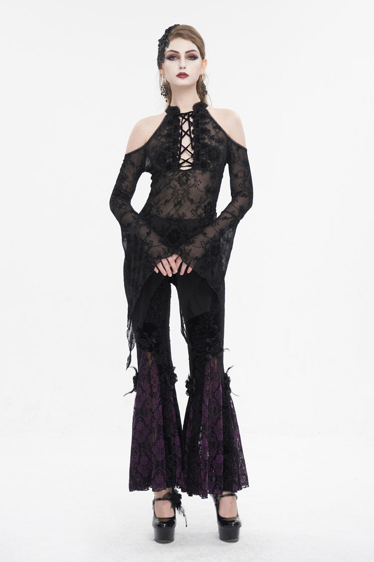 Black Off Shoulder Flared Sleeved Lace Mesh Women's Gothic Shirt