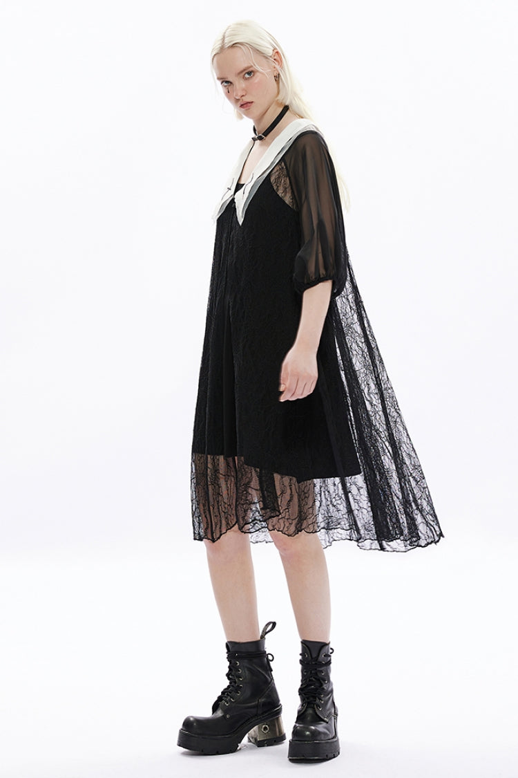Black Long Puff Sleeves Cross Embroidery Loose Women's Gothic Dress