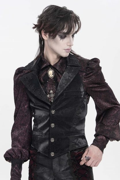 Black Lapel Collar Jacquard Lace Slim Men's Gothic Vest