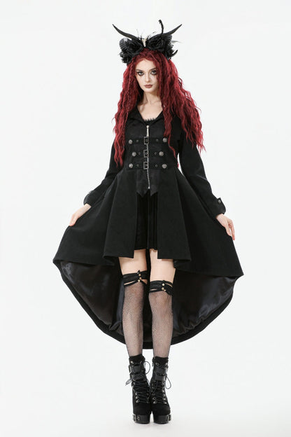 Black Lapel Collar Long Sleeves Lace-Up Irregular Bouble-breasted Buckle-up Women's Gothic Coat