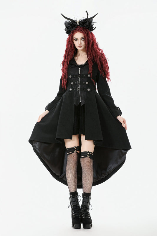 Black Lapel Collar Long Sleeves Lace-Up Irregular Bouble-breasted Buckle-up Women's Gothic Coat