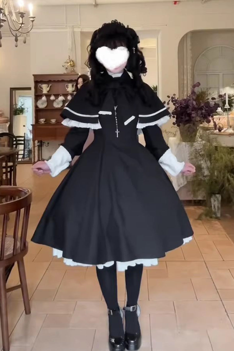 Black Long Sleeves Ruffled Bow Maid Gothic Lolita Dress Cloak Two-piece Set