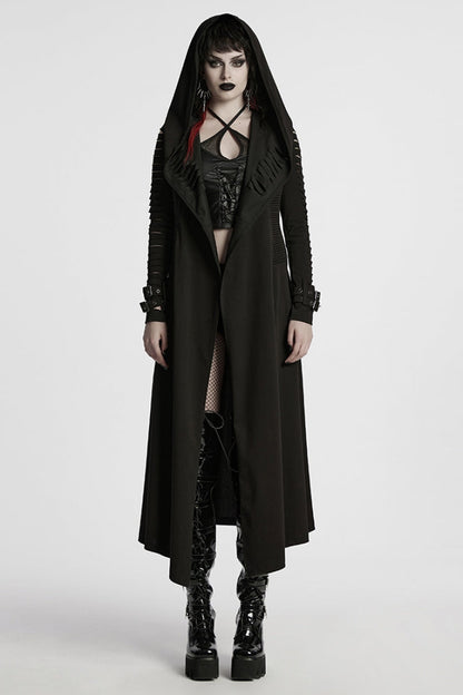 Black Long Sleeves Hooded Ripped Buckle Women's Punk Long Coat