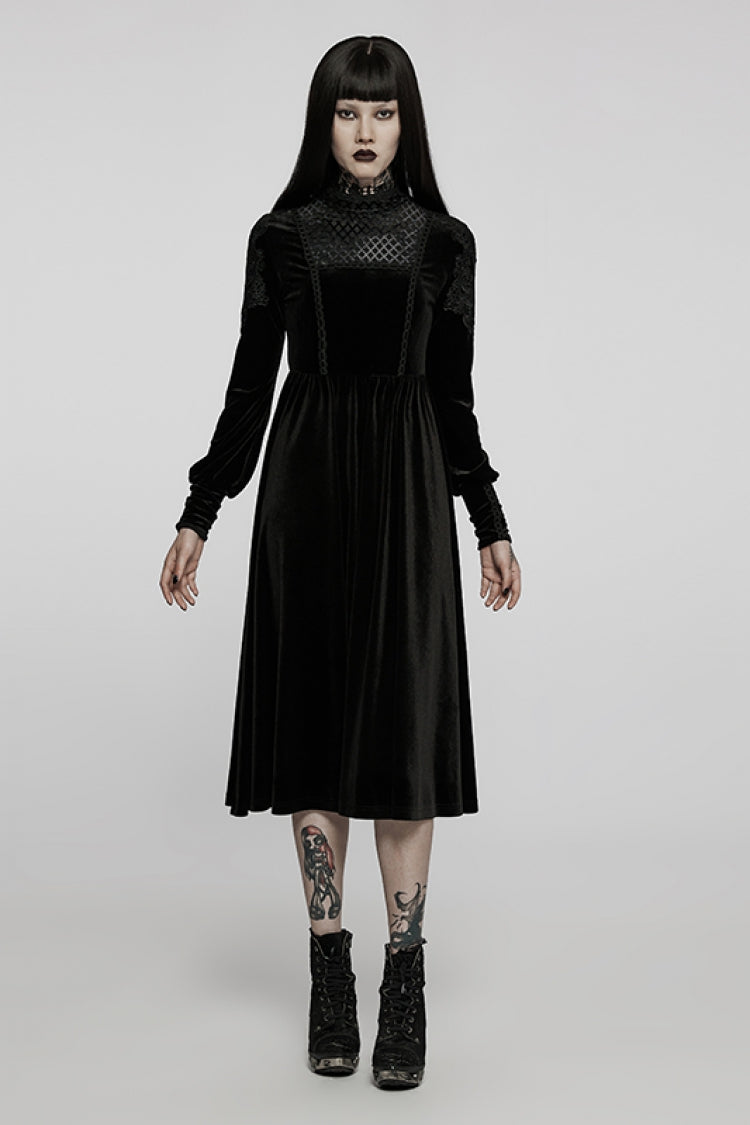 Black Long Sleeves Invisible Zipper High Waisted Hollow Stitching Women's Gothic Dress
