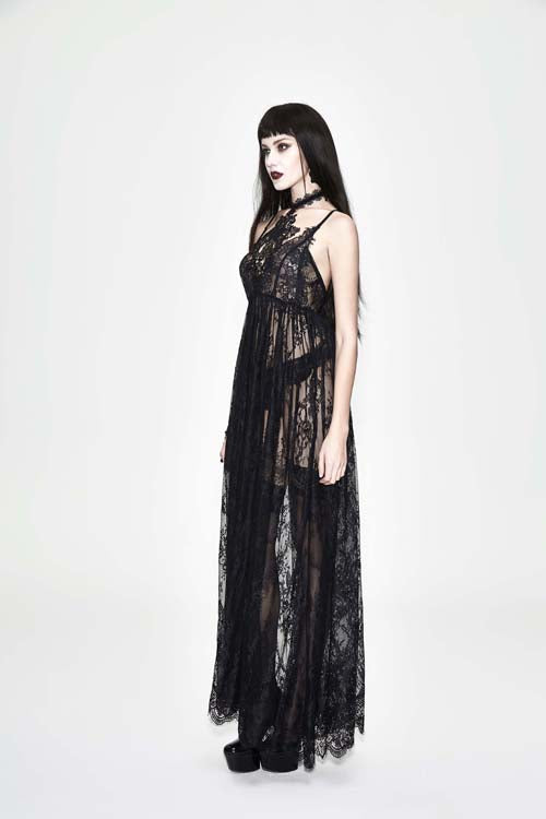 Black Mysterious Night Transparent Lace High Waist Sexy Halter Long Gothic Womens Dress