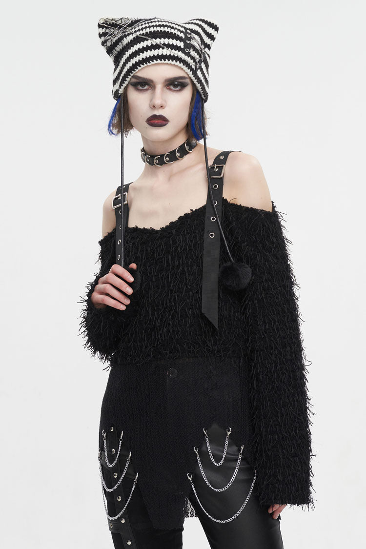 Black Irregular Off Shoulder Fluffy Women's Punk Sweater