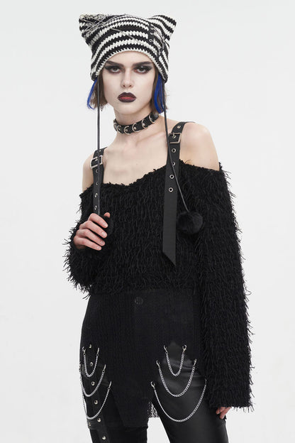 Black Irregular Off Shoulder Fluffy Women's Punk Sweater