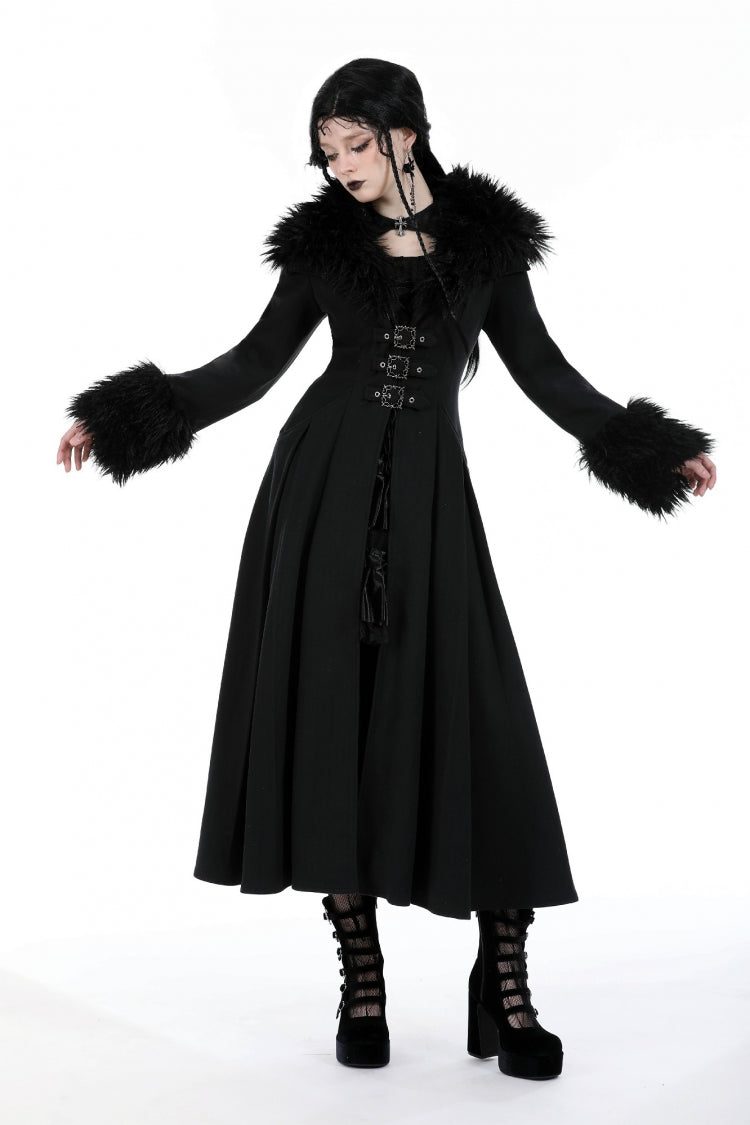 Black Long Sleeves Lace-Up Buckled Women's Gothic Draped Coat with Faux Fur Collar