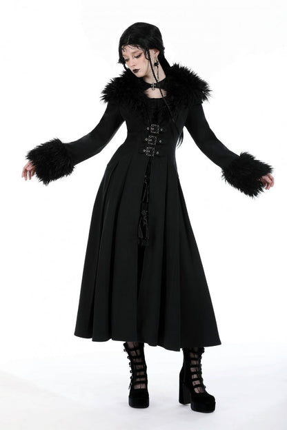 Black Long Sleeves Lace-Up Buckled Women's Gothic Draped Coat with Faux Fur Collar