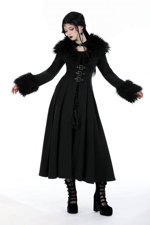 Black Long Sleeves Lace-Up Buckled Women's Gothic Draped Coat with Faux Fur Collar