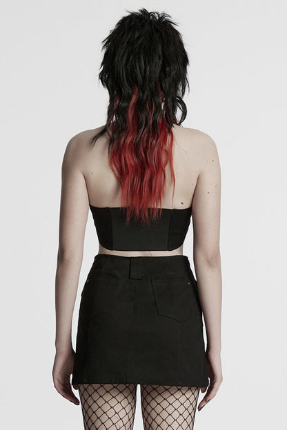 Black Halterneck Women's Punk Tank Top with Skirt Set
