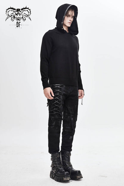 Black Asymmetrical Sleeves Leather Loop Lace-Up Hooded Men's Punk Sweater