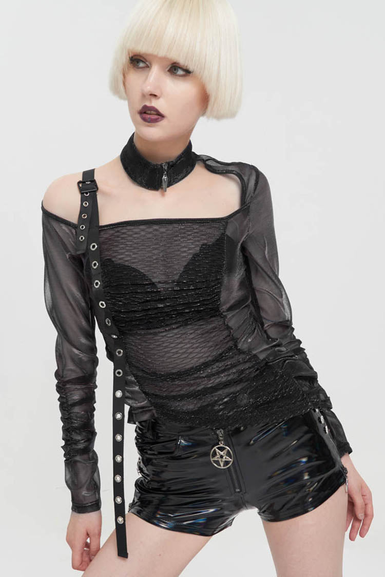 Black Long Sleeve Neck Zipper Asymmetric One Shoulder Strap Mesh Women's Punk T-Shirt