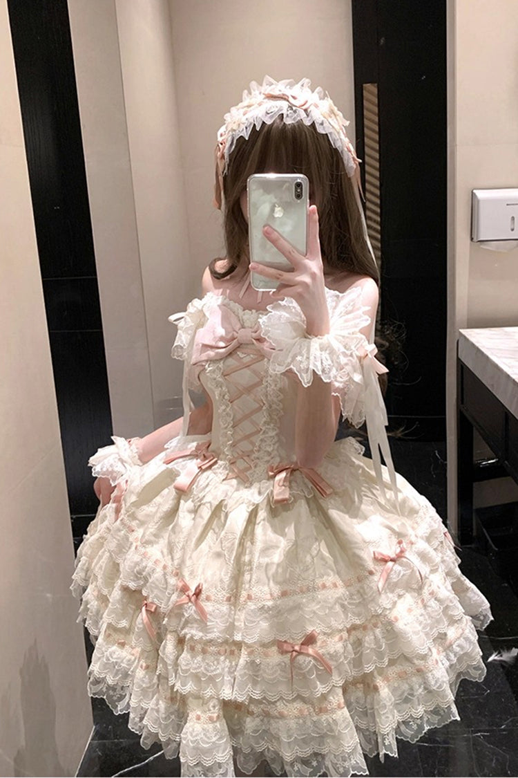 Apricot [Flora Isle Butterfly] Sleeveless Ruffle Bowknot Lace Lace-Up Sweet Elegant Lolita Jsk Dress