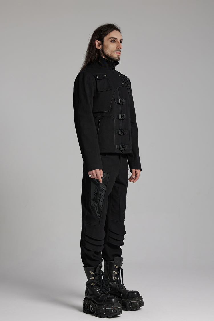 Black Buckle-up Rivets Long Sleeves Men's Punk Jacket
