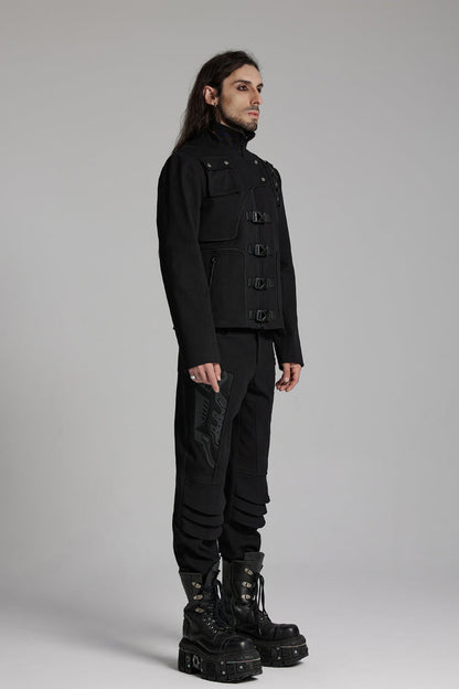 Black Buckle-up Rivets Long Sleeves Men's Punk Jacket