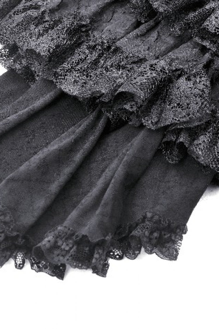 Black Multi-Layered Lace Women's Gothic Puffy Skirt with Detachable Swallow Tail
