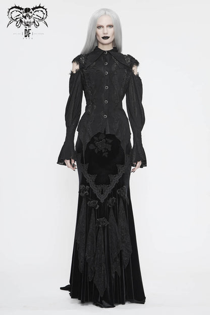 Black Front Chest Webbing Appliques Hollow-Out Lantern Sleeve Flare Cuff Back Waist Lace Up Women's Gothic Blouse