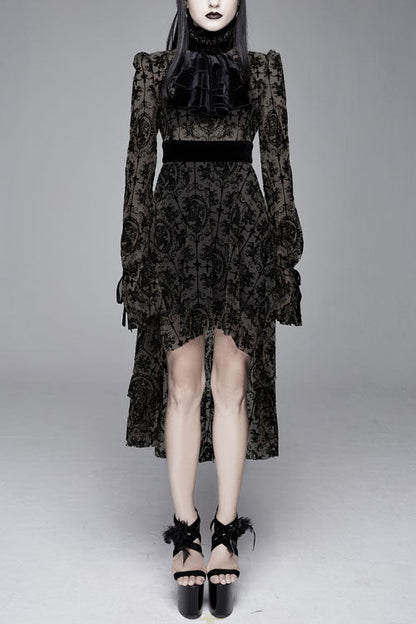 Black Floral Flocking Printed Long Sleeves Velvet With Tie Womens Gothic Dress