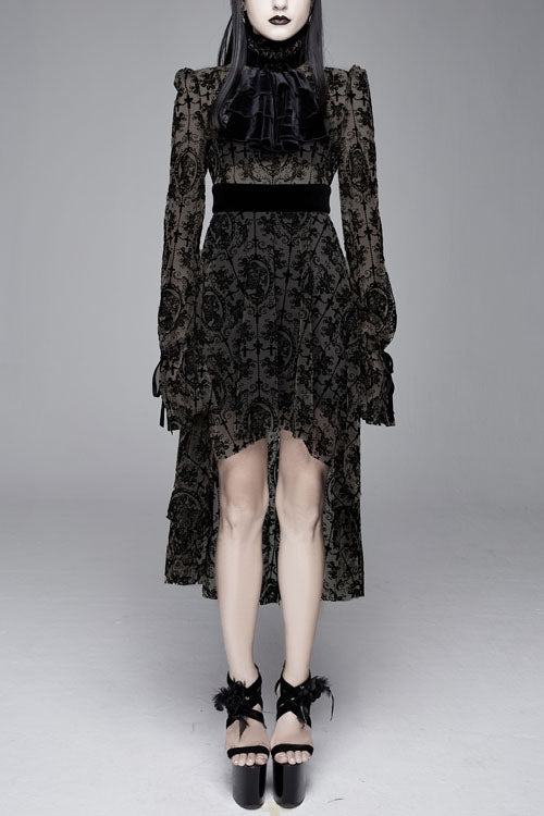 Black Floral Flocking Printed Long Sleeves Velvet With Tie Womens Gothic Dress