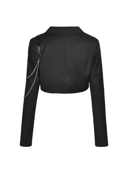 Black Lapel Collar Long Sleeves Chain-Decorated Women's Punk Irregular Short Jacket