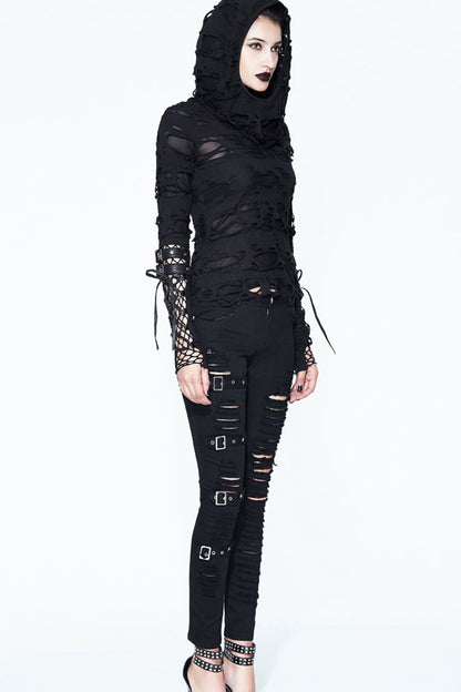 Black Hooded Ripped Finger Covered Splice Mesh Leather Loop Lace Up Women's Punk Shirt