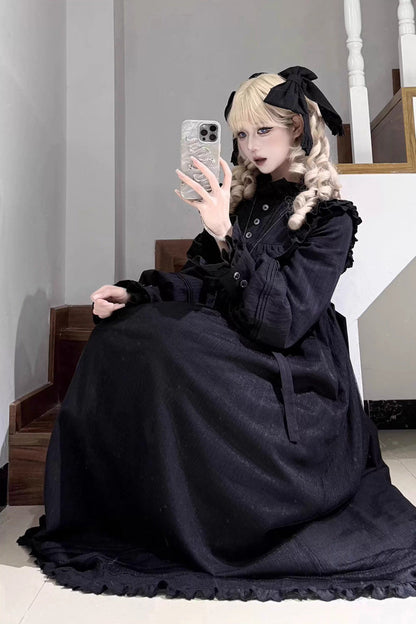 Black Long Sleeves Ruffle Bowknot Lace Gothic Lolita Home Wear Nightdress