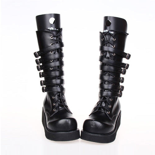 Black Leather Belt Buckle Lace Up High Lolita Boots
