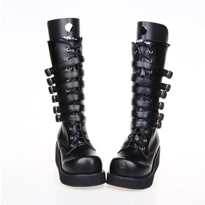Black Leather Belt Buckle Lace Up High Lolita Boots