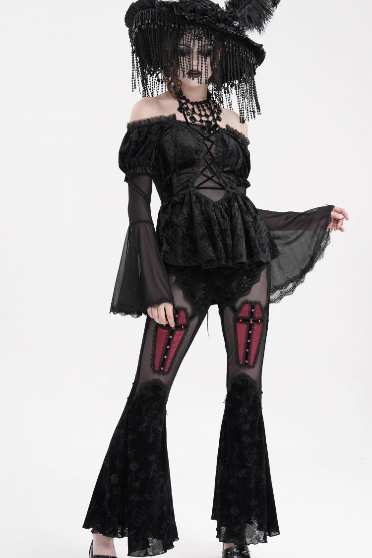 Black Halterneck Long Sleeves Hollow Lace-Up Mesh Women's Gothic Blouse