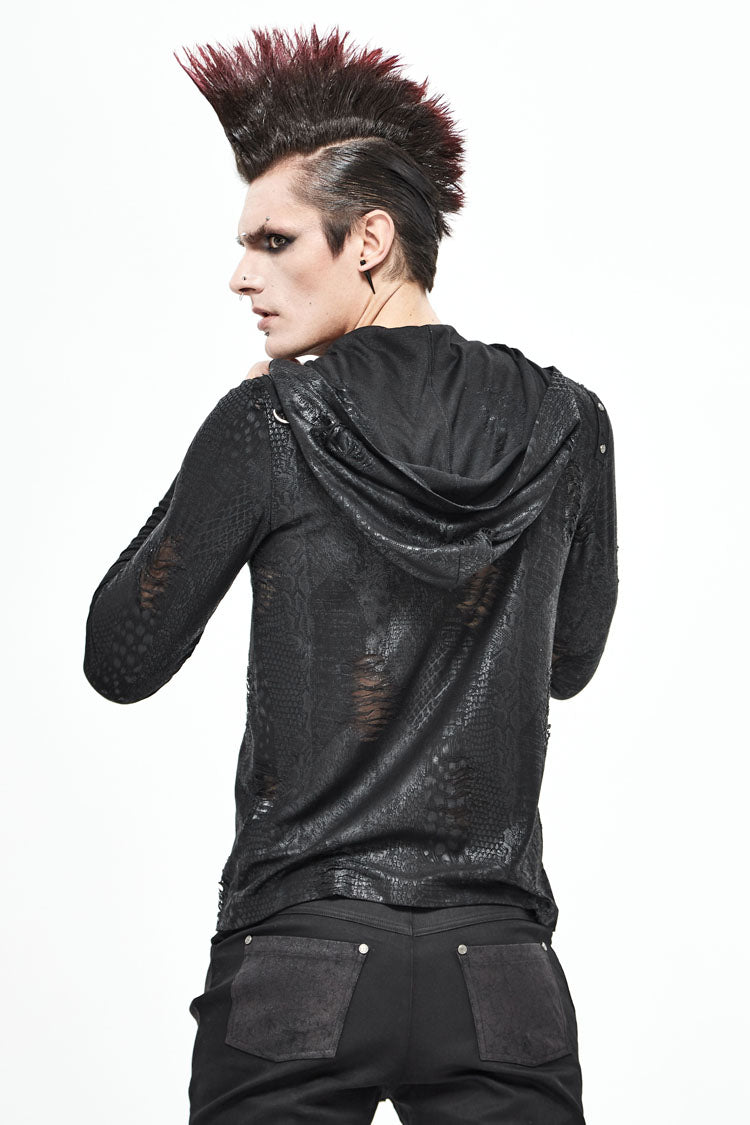 Black Broken Holes Knit Shoulder Lace-Up Irregular Hem Hooded Men's Punk T-Shirt