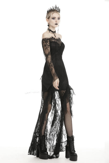 Black Off Shoulder Long Sleeves Lace Lace-Up Women's Gothic Mermaid Wedding Dress
