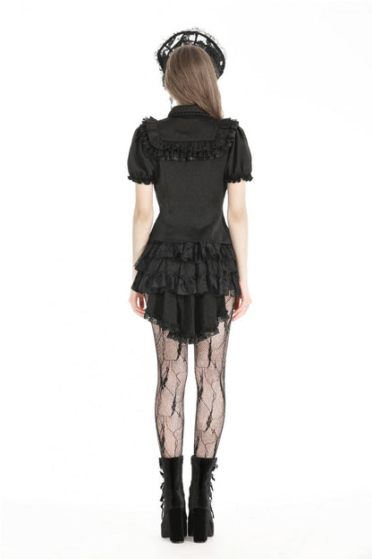 Black Multi-Layered Lace Women's Gothic Puffy Skirt with Detachable Swallow Tail