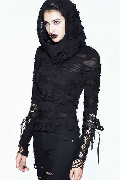 Black Hooded Ripped Finger Covered Splice Mesh Leather Loop Lace Up Women's Punk Shirt