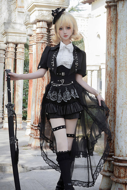 Black Lapel Collar Short Sleeves Lace Prince Ouji Lolita Three-piece Set