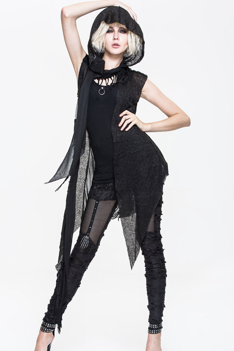 Black Asymmetrical Hole Wool Knit Women's Punk Hooded Shawl
