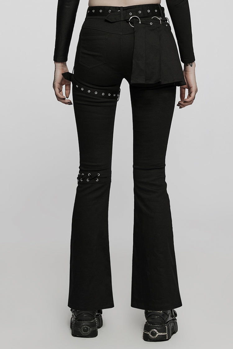 Black Hollow Lace Slim Detachable Belt Women's Steampunk Flared Leggings