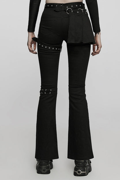 Black Hollow Lace Slim Detachable Belt Women's Steampunk Flared Leggings