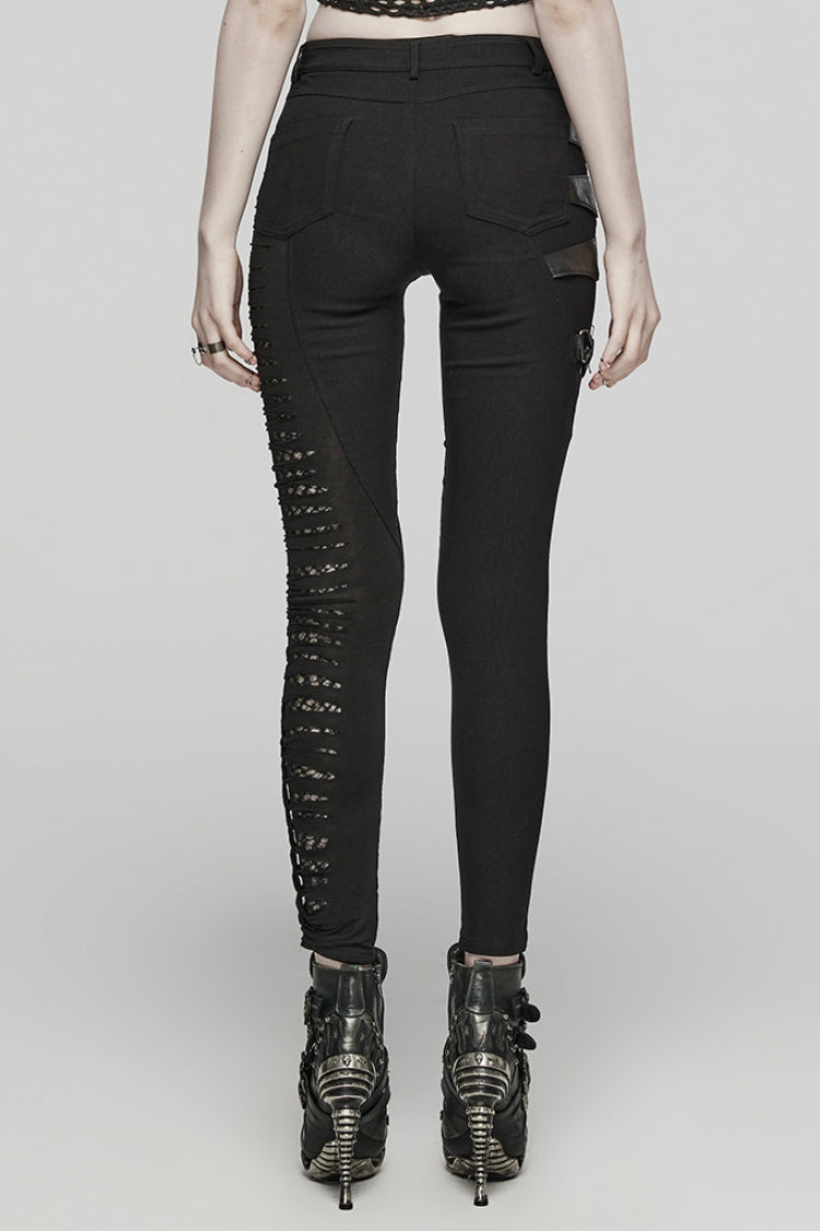 Black Hollow Decoration Mesh Asymmetric Women's Steampunk Pants