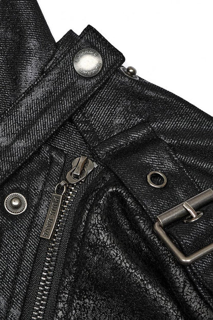 Black Crackled Mesh Hollow Stitching Hooded Mens Steampunk Coat
