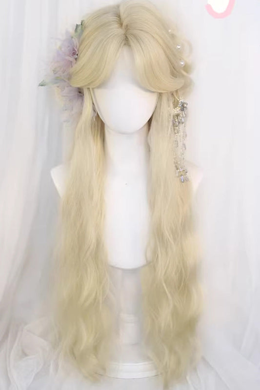 Beige Gold Curtain Bangs Long Curly Hair Sweet Lolita Wig