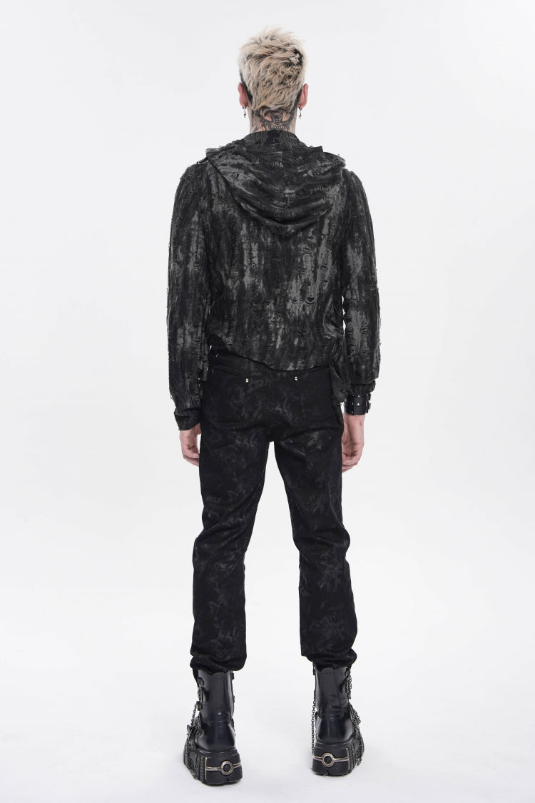 Black Long Sleeves Spliced Hooded Mesh Ripped Faux Two-Piece Zippered Eyelet Men's Punk T-Shirt
