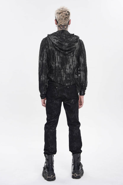 Black Long Sleeves Spliced Hooded Mesh Ripped Faux Two-Piece Zippered Eyelet Men's Punk T-Shirt