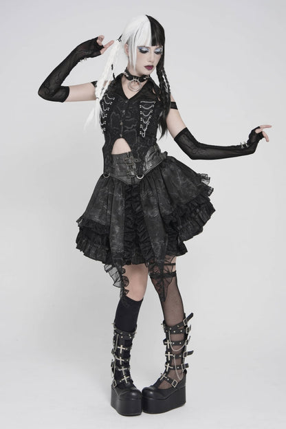 Black Off Shoulder Lace-Up Irregular Chain-Decorated Women's Punk Vest